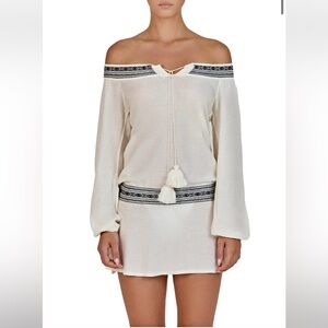 Off-Shoulder Cream Mini Dress with Embroidered Trim and Tassel Tie